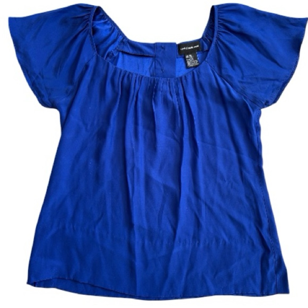 100% Silk Royal Blue Short Sleeve Summer Blouse Shirt Central Park West XS